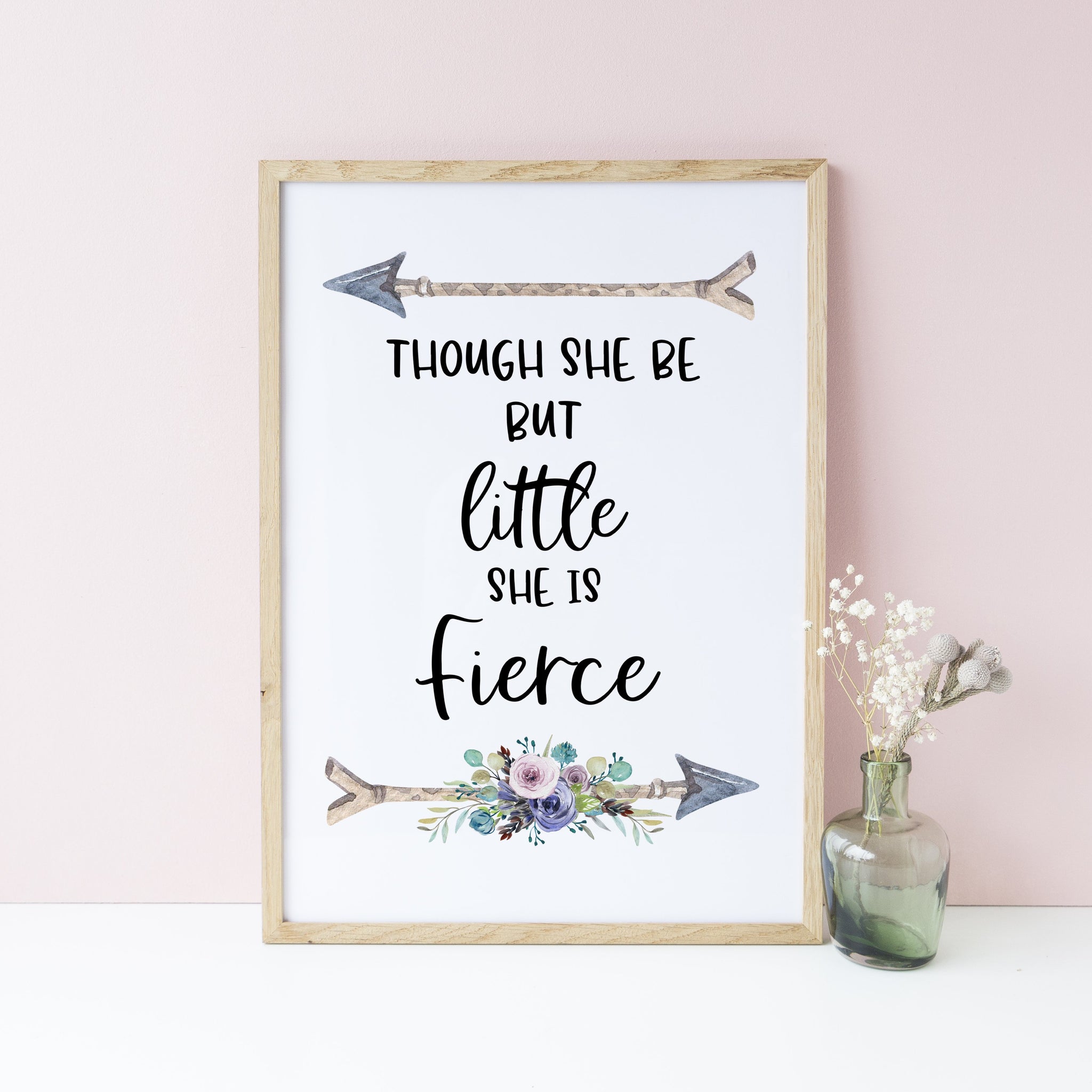 Though She Be But Little She is Fierce Quote print, Purple Floral Girls Bedroom Wall Print, Nursery Decor Home Print