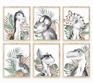 Dinosaur Wall Art Print Set of 6, Kids Bedroom Wall Art, Jurassic Theme Dinosaur Species Nursery Kids Bedroom Decor
