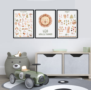 Personalised Playroom Educational Wall Print Set Trio, Alphabet and Numbers, Neutral Toy Room Theme, Nursery Art, Kids Bedroom Decor