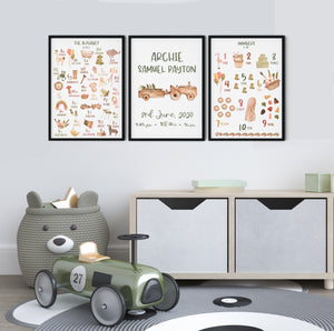 Personalised Tractor Playroom Educational Wall Print Set Trio, Alphabet and Numbers, Neutral Toy Room Theme, Nursery Art, Kids Bedroom Decor