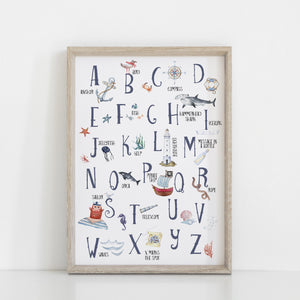 Nautical Alphabet Wall Print, Educational Kids Bedroom Wall Art, Nautical Theme, Oceanic Nursery Kids Bedroom Decor