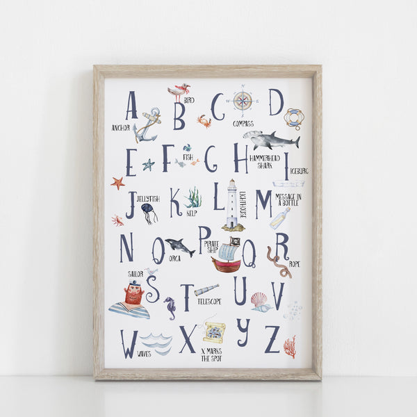 Nautical Alphabet Wall Print, Educational Kids Bedroom Wall Art, Nautical Theme, Oceanic Nursery Kids Bedroom Decor