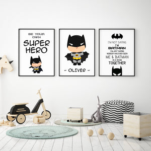 Set of 3 Personalised Batman Prints, Boys Room Wall Art, Batman Poster, Superhero print