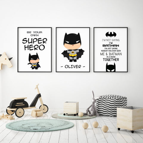 Set of 3 Personalised Batman Prints, Boys Room Wall Art, Batman Poster, Superhero print