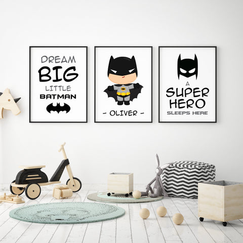 Set of 3 Personalised Batman Prints, Boys Room Wall Art, Batman Poster, Superhero print