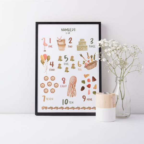 Numbers Educational Wall Print, Neutral Toy room Theme, Nursery Art, Kids Bedroom Decor