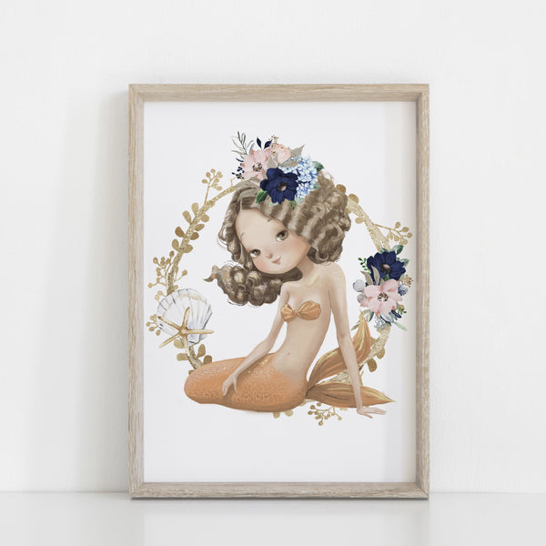Mermaid Nursery Wall Print, Soft Pastel Brunette Mermaid Girls Bedroom Print, Wall Decor, Baby Girl Nursery Print