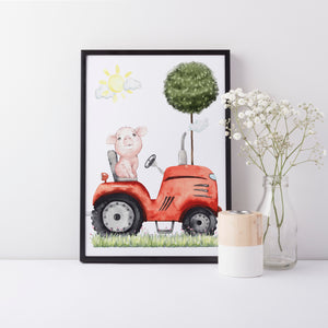 Farm Yard Pig driving a Tractor Wall Print, Farm Animal Wall Art Baby Nursery Decoration