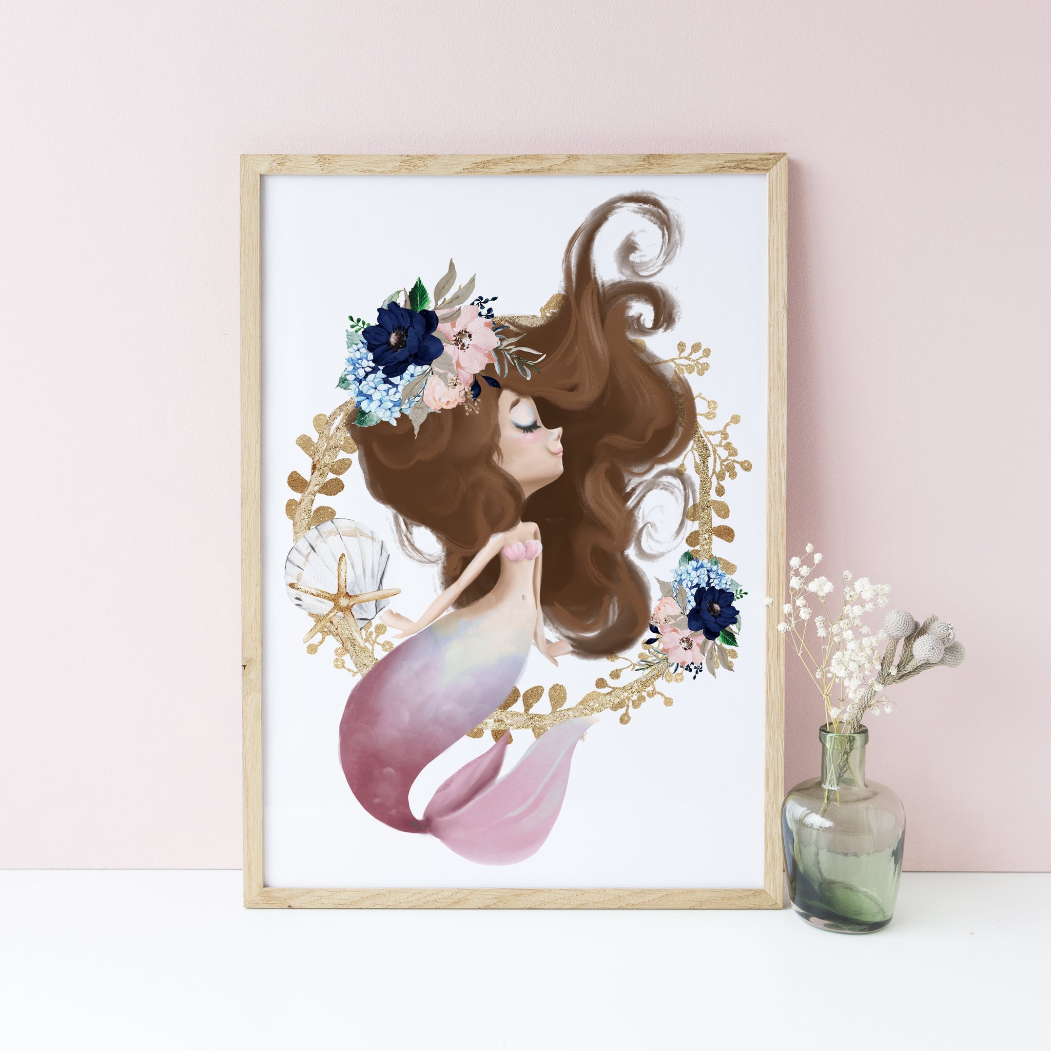 Mermaid Nursery Wall Print, Soft Pastel Brunette Mermaid Girls Bedroom Print, Wall Decor, Baby Girl Nursery Print