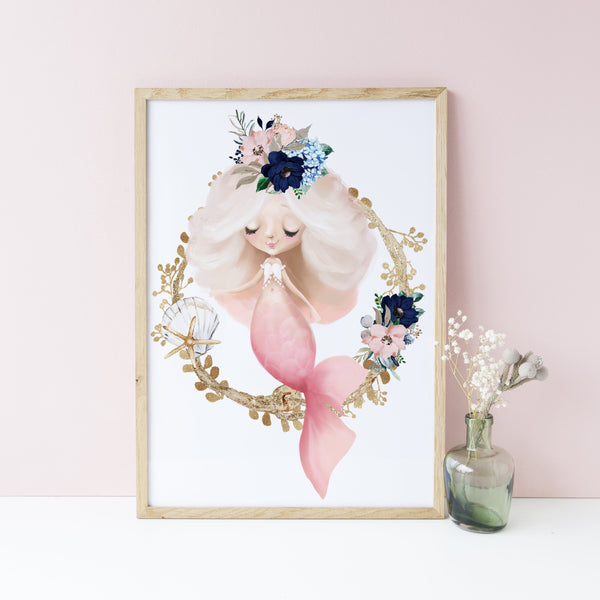 Under the Sea Mermaid Print Set, Baby Girl Mermaid Nursery Prints, Girls Bedroom Decor, Nautical Floral Anchor