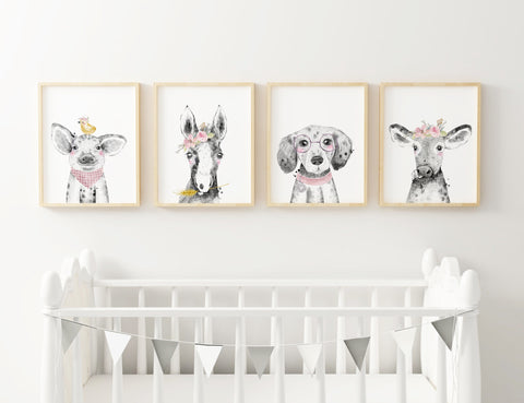 Girls Farm Animal Print Set of 4, Pig, Horse, Dog, Calf, Wall Art Decor