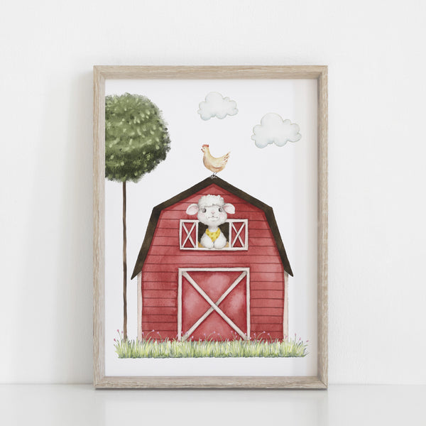 Farm Yard Barn Nursery Print, Farm Animal Wall Art, Neutral Wall Print Baby Nursery Decor