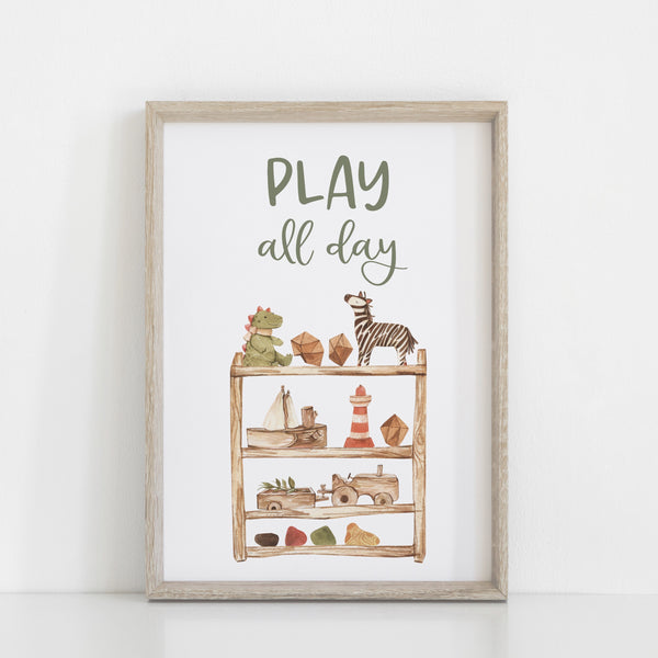 Play All Day Wall Print Educational Print Set Trio, Neutral Toy Room Theme, Nursery Art, Kids Bedroom Decor