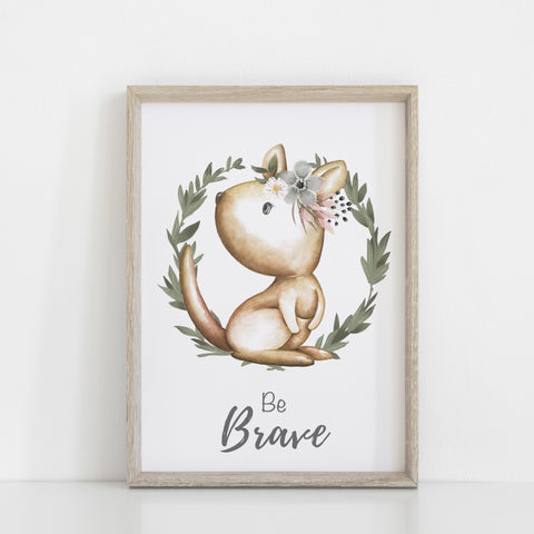 Kangaroo Wall Print, Australiana Nursery Decor, "Be Brave" Kangaroo, Floral Crown Greenery Wreath, Baby Nursery Wall Print