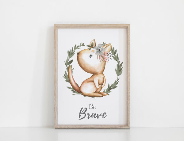 Australian Animal Wall Prints, Set of 4 Nursery Prints, Floral Kangaroo Koala Bilby Platypus with Greenery Wreath