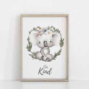 Koala Wall Print, Australiana Nursery Decor, "Be Kind" Koala, Floral Crown Greenery Wreath, Baby Nursery Wall Print