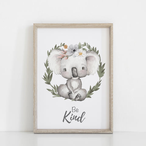 Koala Wall Print, Australiana Nursery Decor, "Be Kind" Koala, Floral Crown Greenery Wreath, Baby Nursery Wall Print