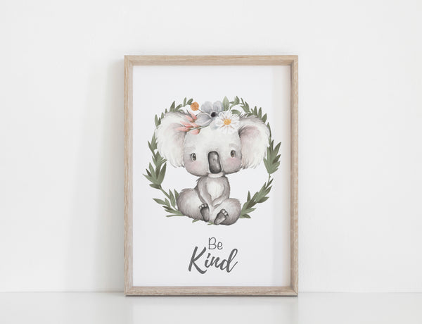 Australian Animal Wall Prints, Set of 4 Nursery Prints, Floral Kangaroo Koala Bilby Platypus with Greenery Wreath