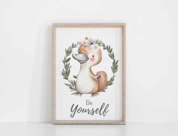Australian Animal Wall Prints, Set of 4 Nursery Prints, Floral Kangaroo Koala Bilby Platypus with Greenery Wreath