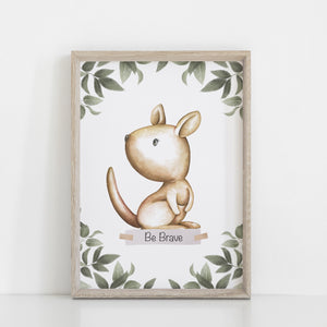 Kangaroo Wall Print, Australiana Nursery Decor, "Be Brave" Kangaroo, Greenery Border, Baby Nursery Wall Print