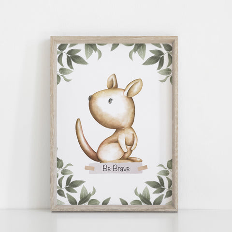 Kangaroo Wall Print, Australiana Nursery Decor, "Be Brave" Kangaroo, Greenery Border, Baby Nursery Wall Print