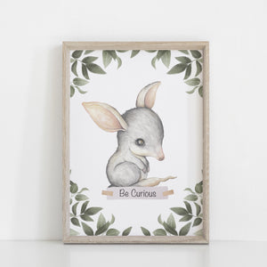 Bilby Wall Print, Australiana Nursery Decor, "Be Curious" Bilby, Greenery Border, Baby Nursery Wall Print