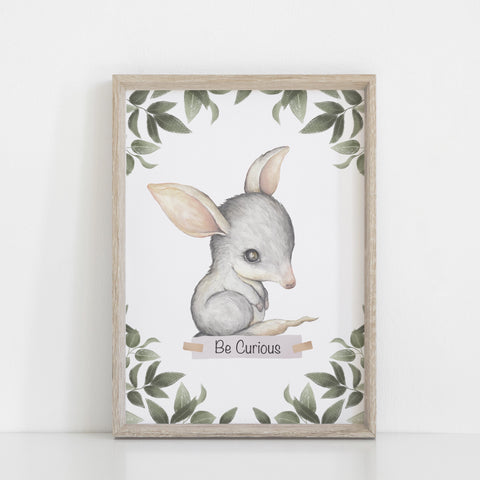 Bilby Wall Print, Australiana Nursery Decor, "Be Curious" Bilby, Greenery Border, Baby Nursery Wall Print