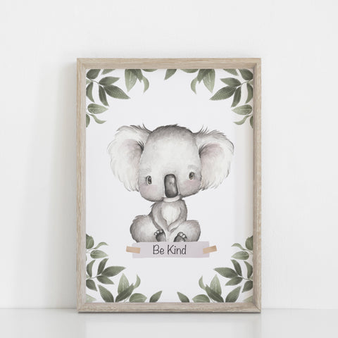 Koala Wall Print, Australiana Nursery Decor, "Be Kind" Koala, Greenery Border, Baby Nursery Wall Print