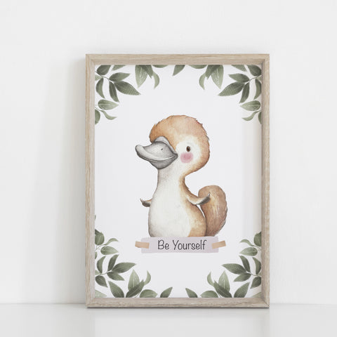 Platypus Wall Print, Australiana Nursery Decor, "Be Yourself" Platypus, Greenery Border, Baby Nursery Wall Print