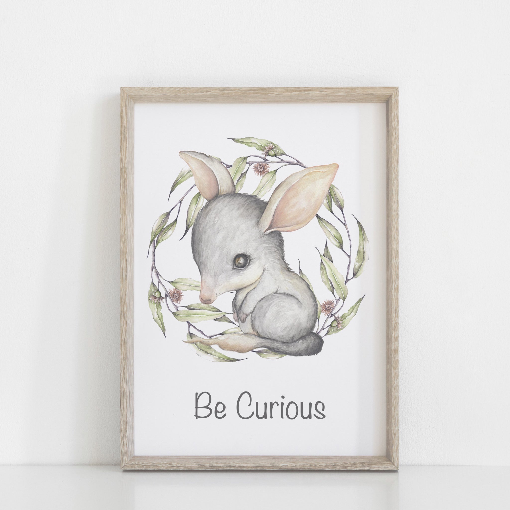 Bilby Wall Print, Australiana Nursery Decor, "Be Curious Bilby", Greenery Wreath, Baby Nursery Wall Print