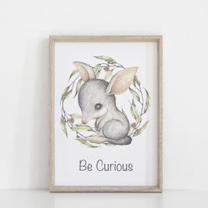 Bilby Wall Print, Australiana Nursery Decor, "Be Curious Bilby", Greenery Wreath, Baby Nursery Wall Print