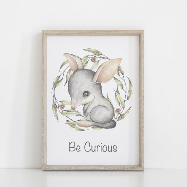 Australian Animal Wall Prints, Set of 4 Nursery Prints, Kangaroo Koala Bilby Platypus with Greenery Wreath