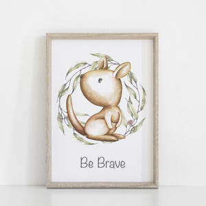 Kangaroo Wall Print, Australiana Nursery Decor, "Be Brave" Kangaroo Greenery Wreath, Baby Nursery Wall Print