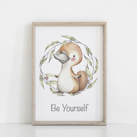 Platypus Wall Print, Australiana Nursery Decor, "Be Yourself" Platypus, Greenery Wreath, Baby Nursery Wall Print