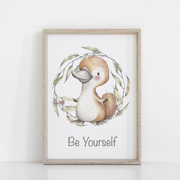 Australian Animal Wall Prints, Set of 4 Nursery Prints, Kangaroo Koala Bilby Platypus with Greenery Wreath