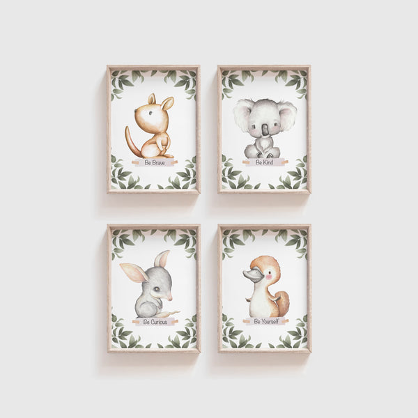 Australian Animal Wall Prints, Set of 4 Nursery Prints, Kangaroo Koala Bilby Platypus