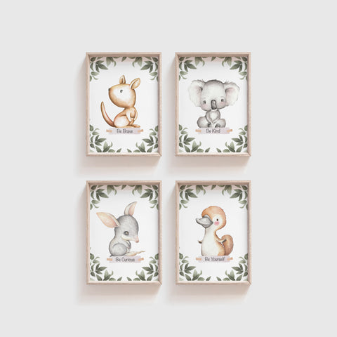 Australian Animal Wall Prints, Set of 4 Nursery Prints, Kangaroo Koala Bilby Platypus