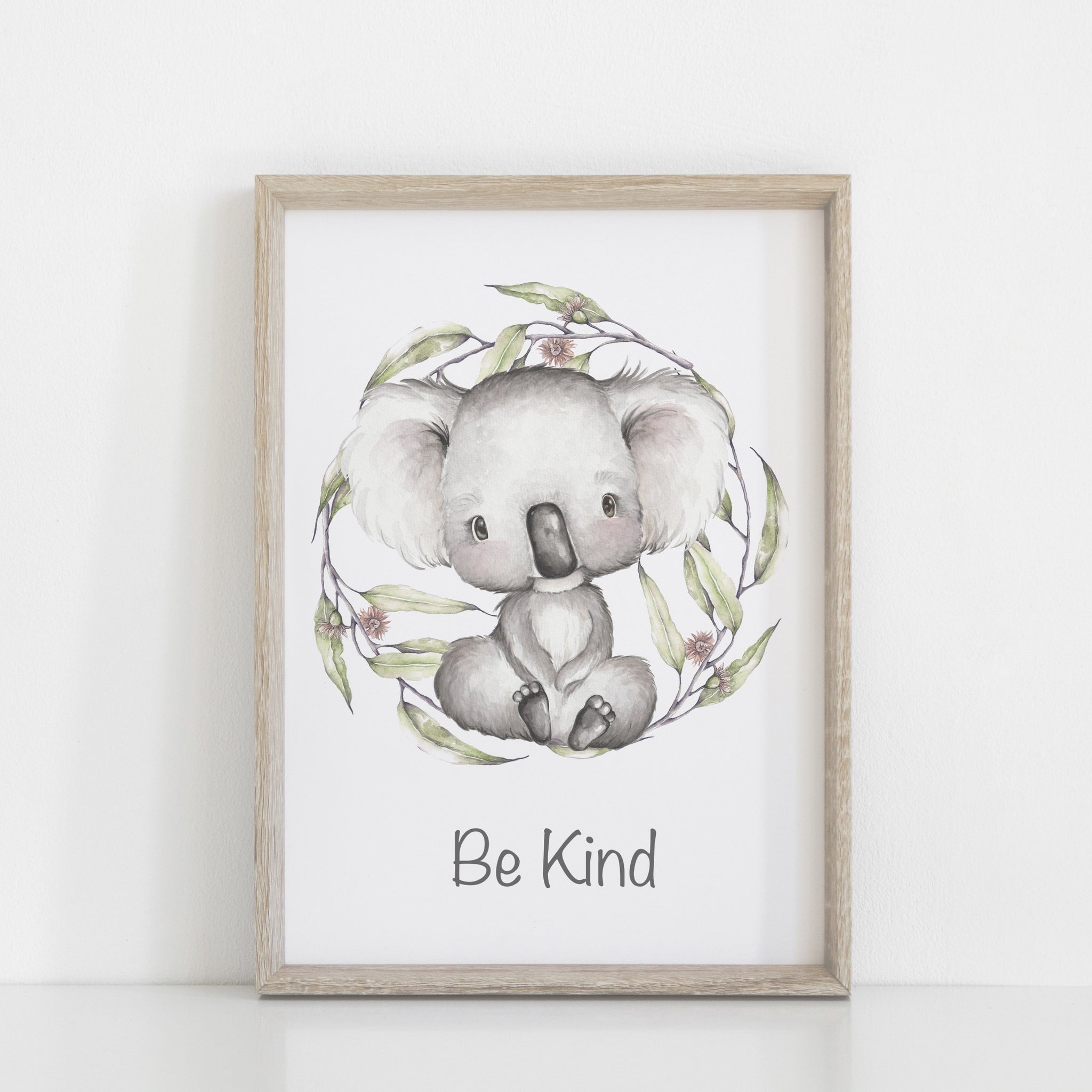 Koala Wall Print, Australiana Nursery Decor, "Be Kind" Koala, Greenery Wreath, Baby Nursery Wall Print