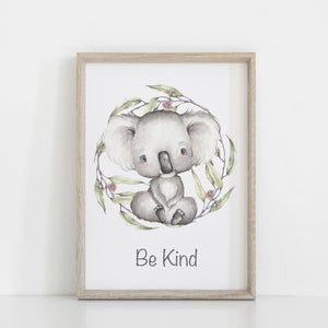 Koala Wall Print, Australiana Nursery Decor, "Be Kind" Koala, Greenery Wreath, Baby Nursery Wall Print