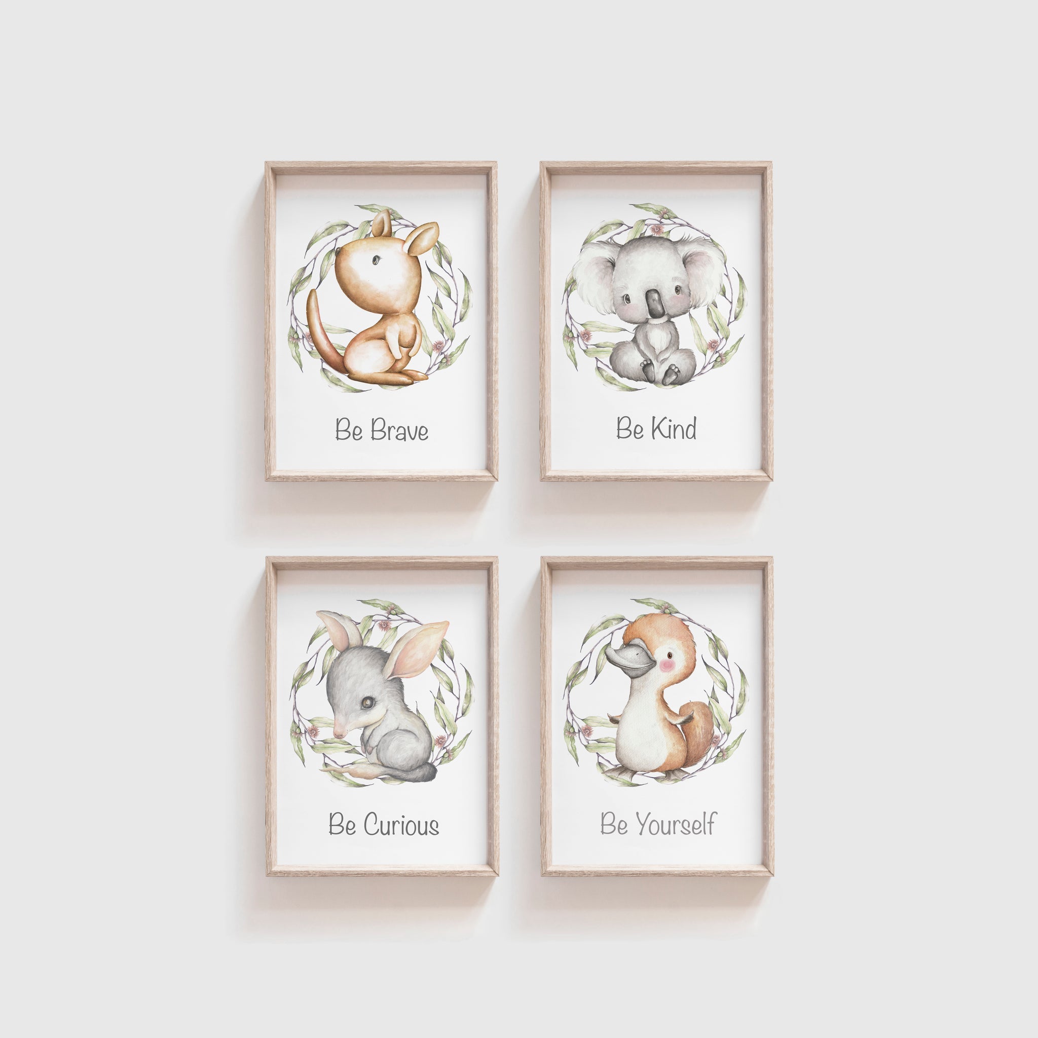 Australian Animal Wall Prints, Set of 4 Nursery Prints, Kangaroo Koala Bilby Platypus with Greenery Wreath