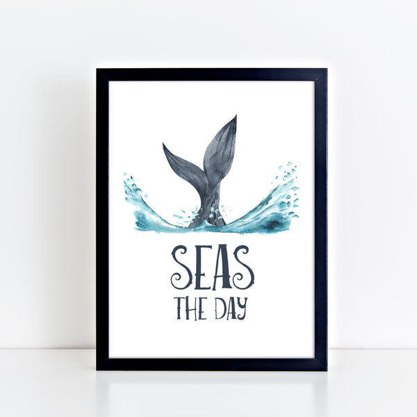 Whale Wall Print, Seas the Day Quote, Ocean Theme Nursery, Kids Bedroom Wall Art