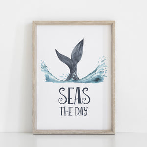 Whale Wall Print, Seas the Day Quote, Ocean Theme Nursery, Kids Bedroom Wall Art