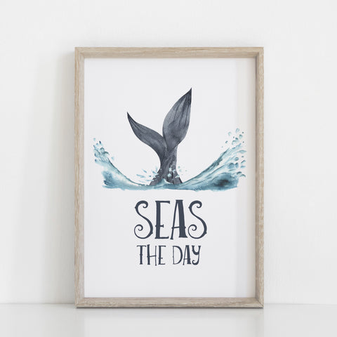 Whale Wall Print, Seas the Day Quote, Ocean Theme Nursery, Kids Bedroom Wall Art