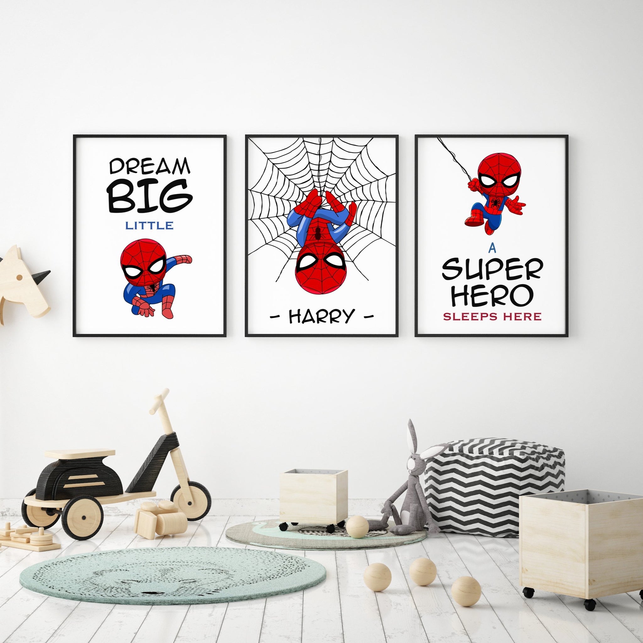 Set of 3 Personalised Spiderman Prints, Boys Room Custom Name Wall Art, Superhero Prints