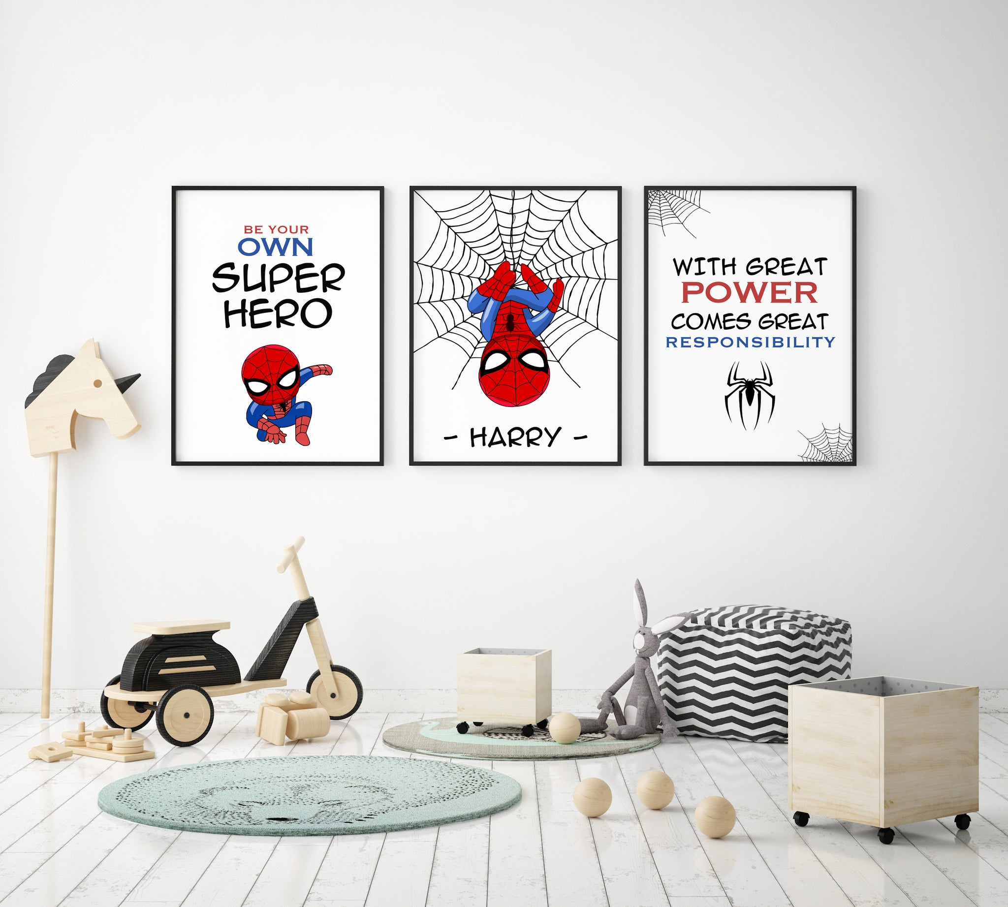 Set of 3 Personalised Spiderman Prints, Boys Room Custom Name Wall Art, Superhero Prints