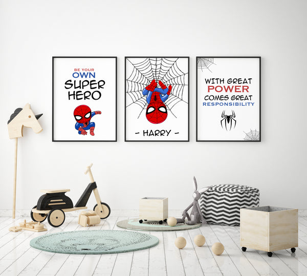 Set of 3 Personalised Spiderman Prints, Boys Room Custom Name Wall Art, Superhero Prints