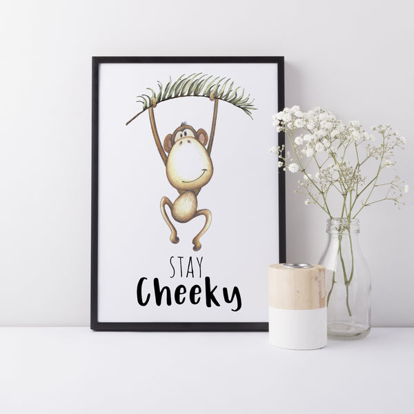 Monkey Nursery/Kid's Bedroom Print, Jungle Safari Zoo Animals Wall Art Decor, Stay Cheeky Monkey with Jungle Leaf