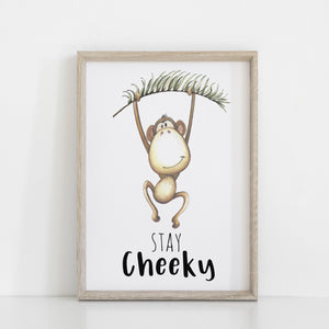 Monkey Nursery/Kid's Bedroom Print, Jungle Safari Zoo Animals Wall Art Decor, Stay Cheeky Monkey with Jungle Leaf