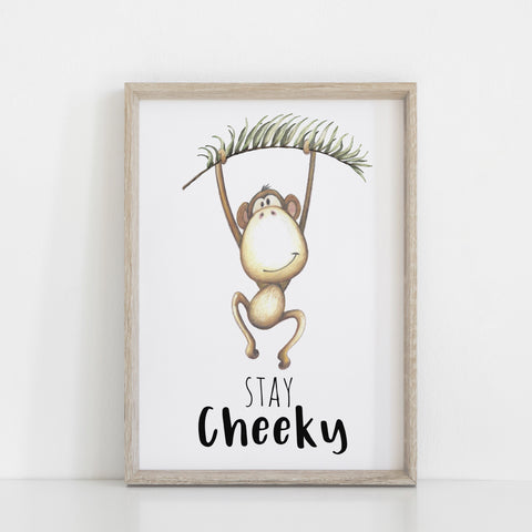 Monkey Nursery/Kid's Bedroom Print, Jungle Safari Zoo Animals Wall Art Decor, Stay Cheeky Monkey with Jungle Leaf