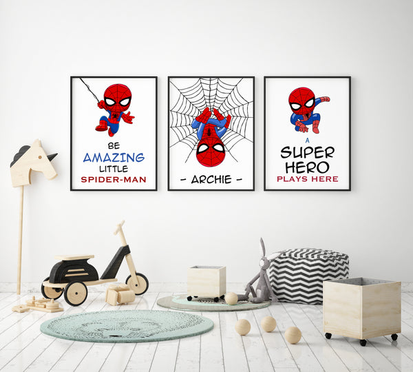 Set of 3 Personalised Spiderman Prints, Play Room Custom Name Wall Art, Superhero Prints